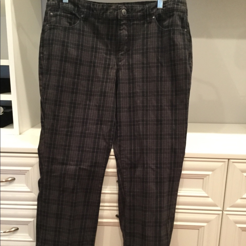 Trouser style plaid jeans